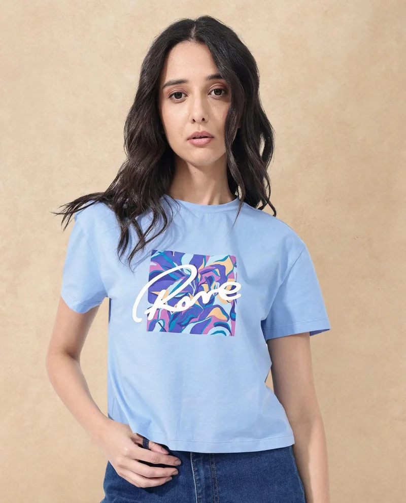 Rareism Women's Chest Graphic Print Boxy Fit T-Shirt