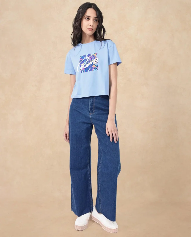 Rareism Women's Chest Graphic Print Boxy Fit T-Shirt