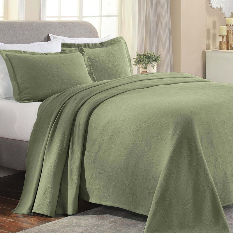 Superior Paisley 3 Piece Cotton Bedspread Set Home Bed Decor Decorative Bed Spread 2 Pillow Shams Medium Weight Blanket Matelasse Coverlet Bedding Vintage Floral Pattern Full Sage