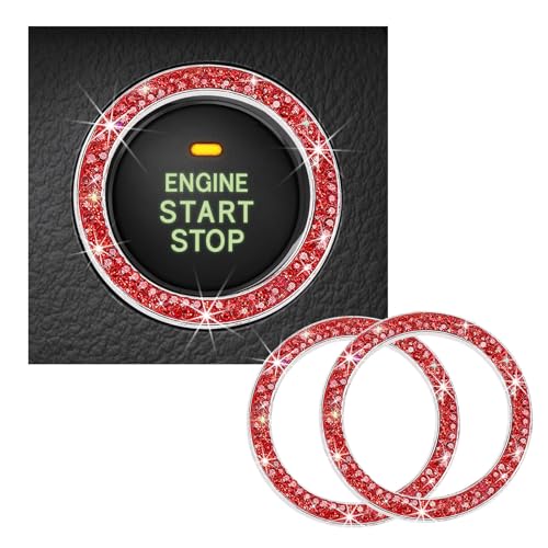 Kewucn 2 PCS Bling Crystal Double Rhinestone Car Engine Start Decoration Ring Sparkling Push Start Button Sticker Key Ignition Knob Ring Decoration Bling Car Interior AccessoryRed - Image 1