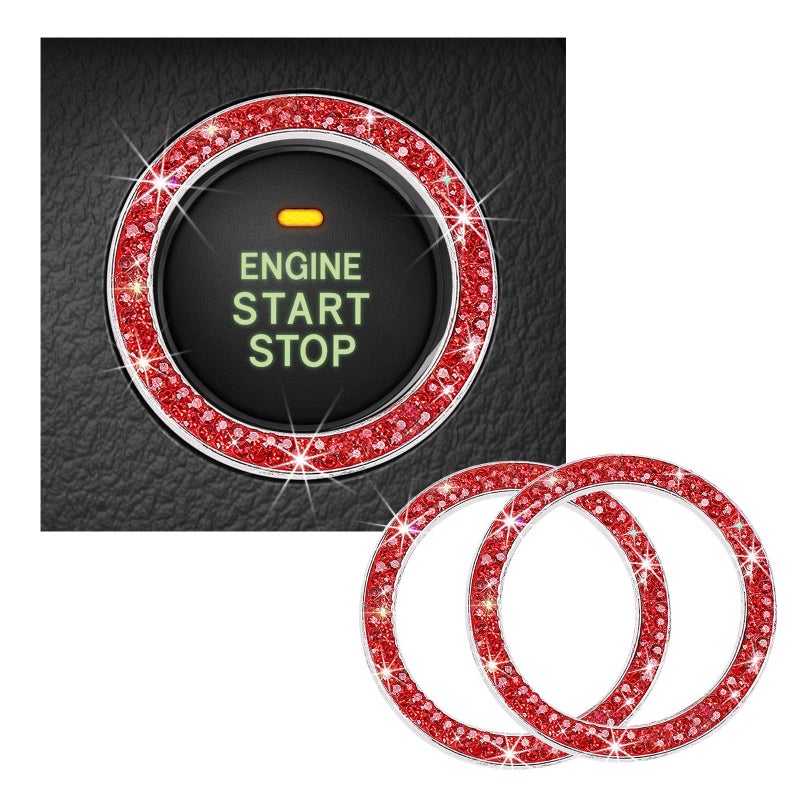 Kewucn 2 PCS Bling Crystal Double Rhinestone Car Engine Start Decoration Ring Sparkling Push Start Button Sticker Key Ignition Knob Ring Decoration Bling Car Interior AccessoryRed - Image 3