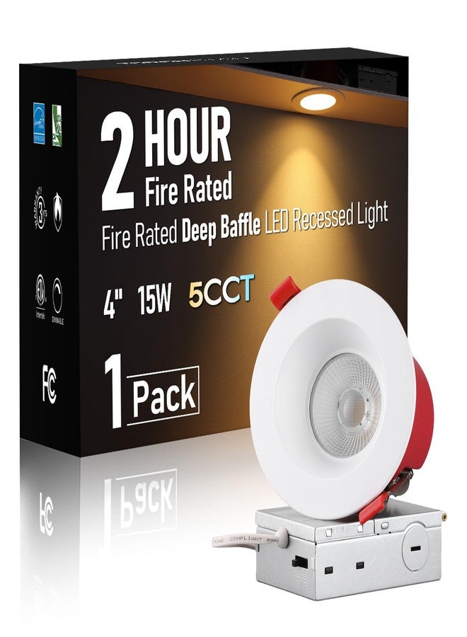 TORCHSTAR 4 Inch 2 Hour Fire Rated Deep Baffle Recessed Light, Meets UL263 & ASTM E119, IC Rated Airtight 15W Canless Downlight with J-Box, 5CCT Dimmable for Office Hotel Commercial Use - Image 1