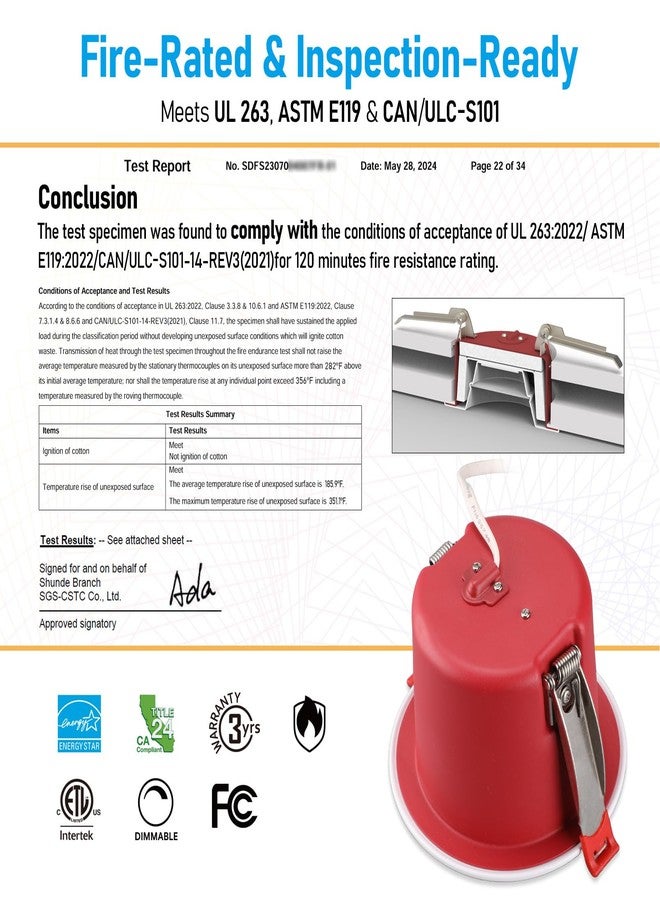 TORCHSTAR 4 Inch 2 Hour Fire Rated Deep Baffle Recessed Light, Meets UL263 & ASTM E119, IC Rated Airtight 15W Canless Downlight with J-Box, 5CCT Dimmable for Office Hotel Commercial Use - Image 2