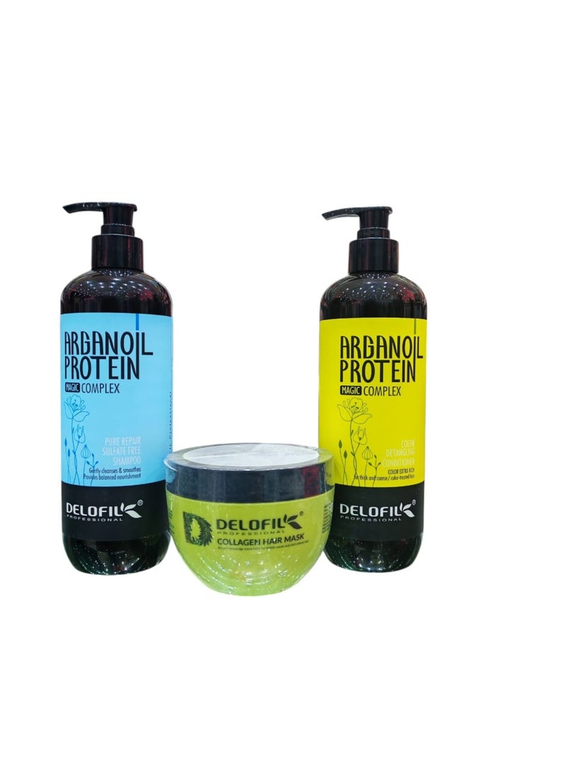 DELOFIL Professional Hair Repair Kit | Shampoo (500ml) + Conditioner (500ml) + Collagen Mask (250ml) | Argan Oil & Protein Sulfate-Free. - Image 1