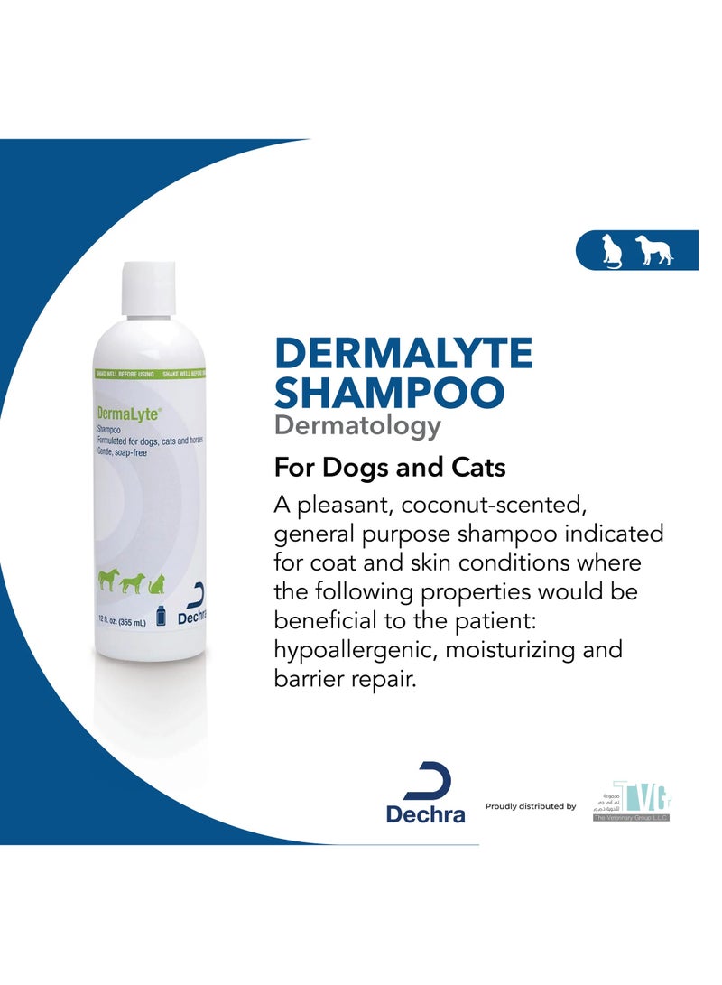 Dechra DermaLyte Pet Shampoo for Cats and Dogs 355 ml Used in routine bathing to remove dirt and allergens. Aids haircoat body, suppleness and sheen. Avoid contact with eyes. - Image 2