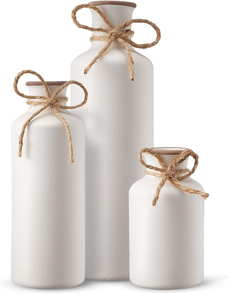 PUREZENTO Vintage Roman White Vase - Set of 3 | Decorative Bottle Shaped Vases with Twine Bow for Rustic, Farmhouse & Home Decor | Showpiece Vases for Living Room, Dining Table & Office Styling - Image 1