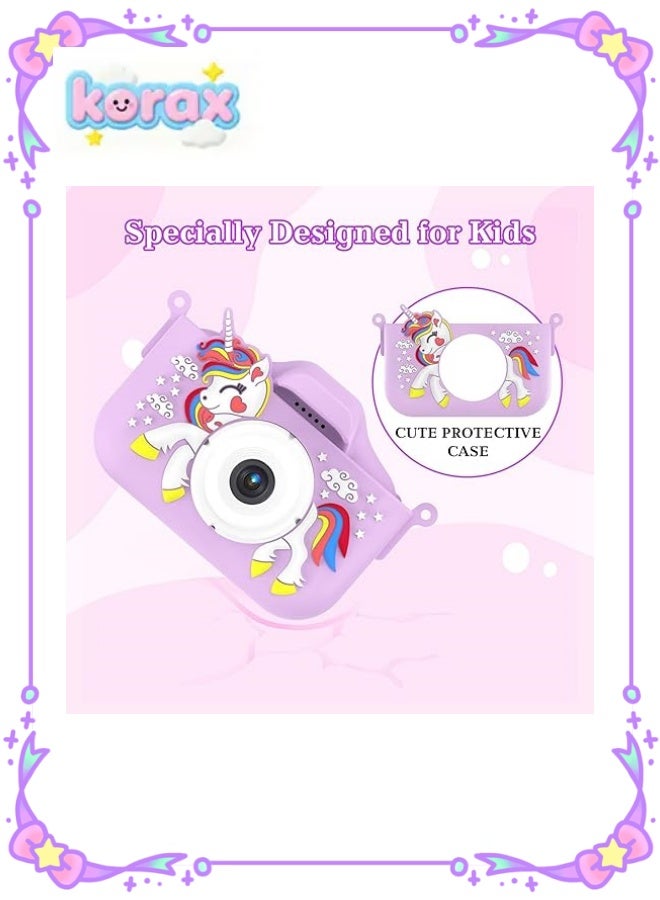 KORAX Kids Camera for 3-9 Year Old Boys Girls, Children Digital Camera with Cute Cartoon Soft Cover & 32GB SD Card, Best Christmas Birthday Gifts for Grandkids, Halloween Party Favors for Kids - Purple - Image 1