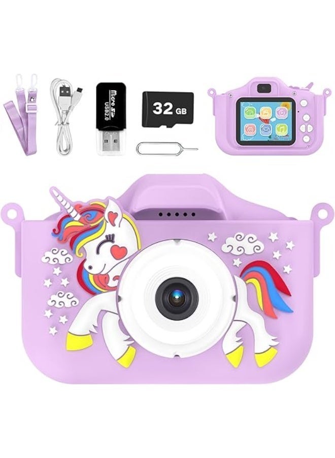 KORAX Kids Camera for 3-9 Year Old Boys Girls, Children Digital Camera with Cute Cartoon Soft Cover & 32GB SD Card, Best Christmas Birthday Gifts for Grandkids, Halloween Party Favors for Kids - Purple - Image 2