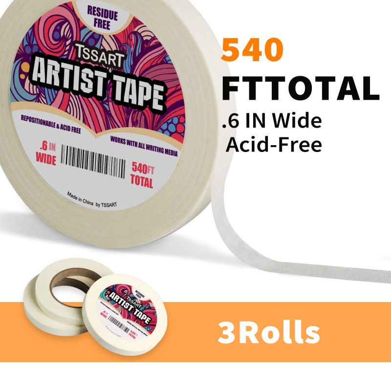 TSSART 3 Pack White Artist Tape - Masking Artists Tape for Drafting Art Watercolor Painting Canvas Framing - Acid Free 0.6inch Wide 540FT Long Total - Image 2