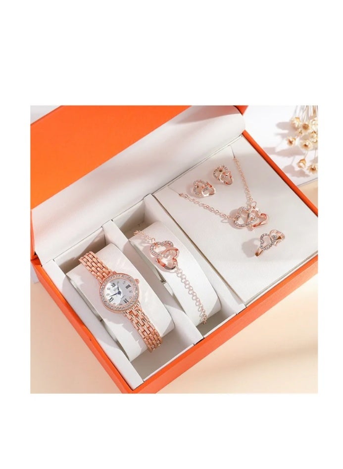 طقم هدايا نسائي 5 في 1: عقد، ساعة، سوار، خاتم، أقراط، ساعة كوارتز، ساعة نسائية، هدايا للأعمال، ساعة فريدة للمعصم، هدايا للعطلات، هدية عيد ميلاد - Image 1