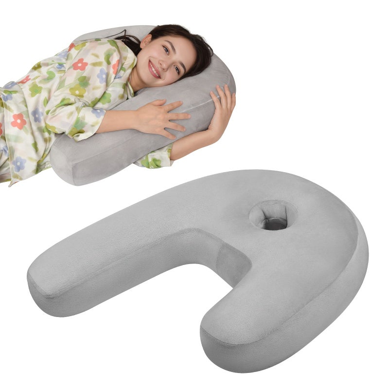 Grey J Shaped Nursing Cushion Turning Aid Pillow With Ear Holes Adjustable And Washable Pillowcase - Image 3