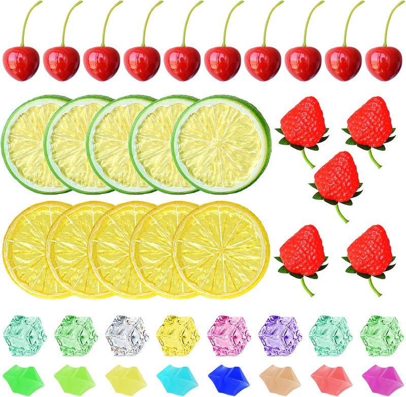 Chewarelly 70 Pcs Fake Fruits Ice Cube Set, Include 10 Artificial Lemon Slice 10 Simulation Cherries 5 Fake Strawberry 45 Fake Color Luminous Ice for Home Kitchen Decoration Photography Prop 2 - Image 1