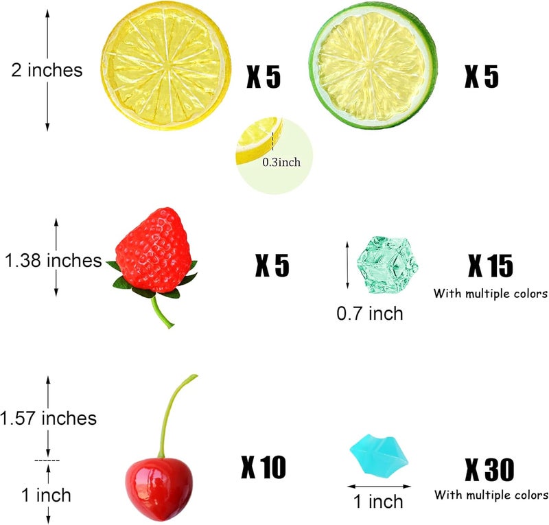 Chewarelly 70 Pcs Fake Fruits Ice Cube Set, Include 10 Artificial Lemon Slice 10 Simulation Cherries 5 Fake Strawberry 45 Fake Color Luminous Ice for Home Kitchen Decoration Photography Prop 2 - Image 2