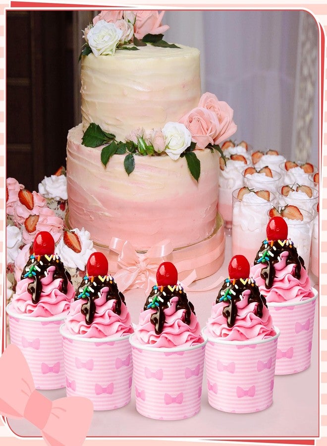 Zhehao 60 Pcs Pink Bow Ice Cream Paper Cups 9 oz Pink Stripes Disposable Dessert Bowls Snack Cups for Birthday Baby Shower Rainbow Ice Cream Party Supplies - Image 2