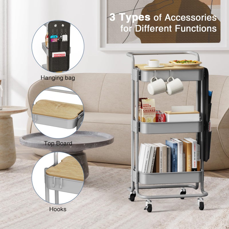DTK 3 Tier Metal Utility Rolling Cart with Table Top and Side Bags, Tray Storage Organizer Wheels, Art Craft 4 Hooks for Kitchen Bathroom Office Living Room(Grey) - Image 5