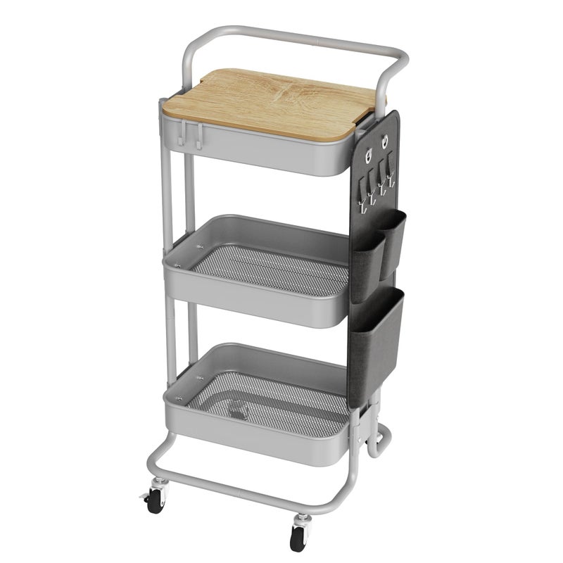DTK 3 Tier Metal Utility Rolling Cart with Table Top and Side Bags, Tray Storage Organizer Wheels, Art Craft 4 Hooks for Kitchen Bathroom Office Living Room(Grey) - Image 1