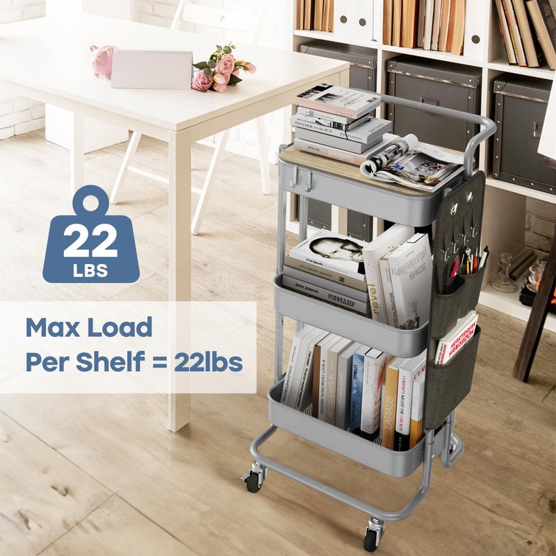 DTK 3 Tier Metal Utility Rolling Cart with Table Top and Side Bags, Tray Storage Organizer Wheels, Art Craft 4 Hooks for Kitchen Bathroom Office Living Room(Grey) - Image 3