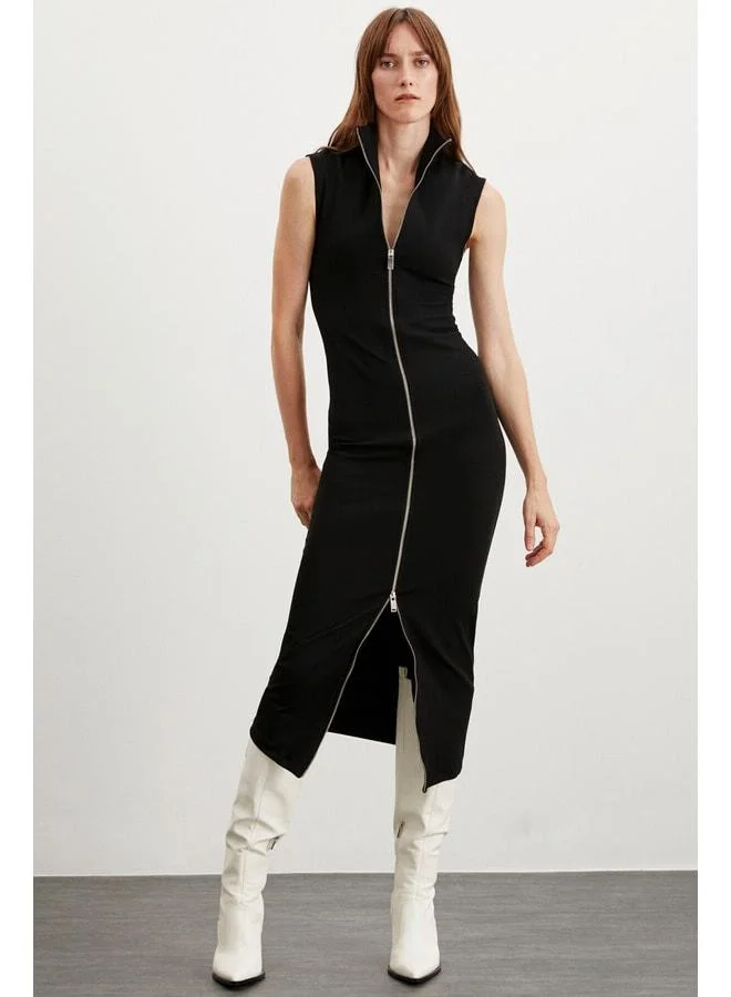 Fabienne Women's Stand-Collar Sleeveless Black Zip-Up Dress.