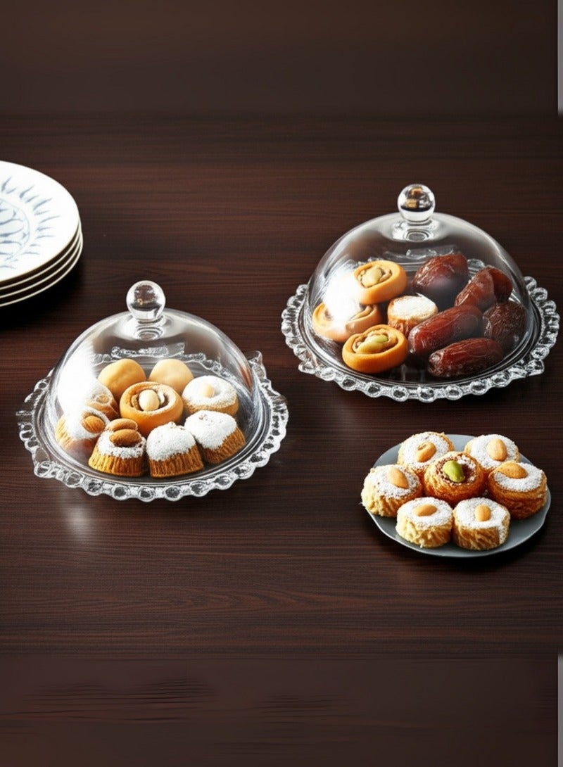 Supplier 2 Clear Glass Dessert Stand with Domed Lid, Serving Dish for Sweets, Dates, and Pastries, Cake Plate & Cloche, 2-Piece Set - Image 3