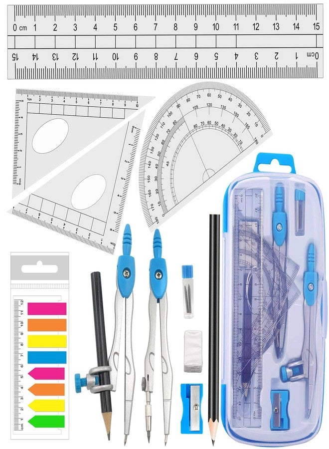 Akuoly Math Compasses Back-to-School Starter Geometry Kit with 2 Drafting Compasses Protractor Set Squares Ruler and More for Students Maths Study Homework, Blue Set with Carry Case - Image 1