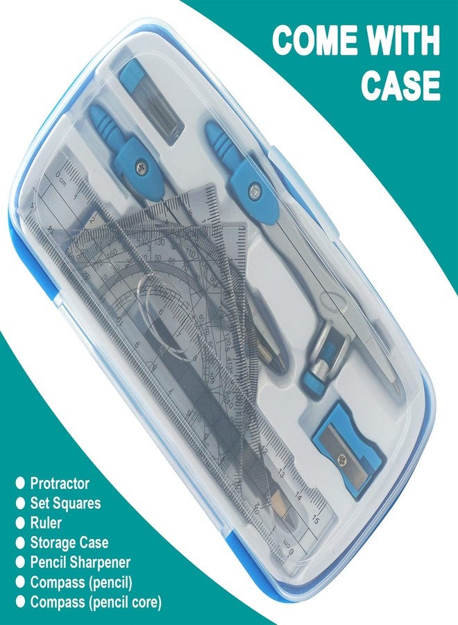 Akuoly Math Compasses Back-to-School Starter Geometry Kit with 2 Drafting Compasses Protractor Set Squares Ruler and More for Students Maths Study Homework, Blue Set with Carry Case - Image 2