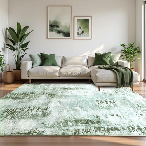 Macgace Washable Abstract Rug, 5x7 Modern Area Rugs with Non-Slip Rubber Backed for Living Room, Thin but Soft Contemporary Carpet Kitchen Bedroom Dining Room Decor, Green - Image 2