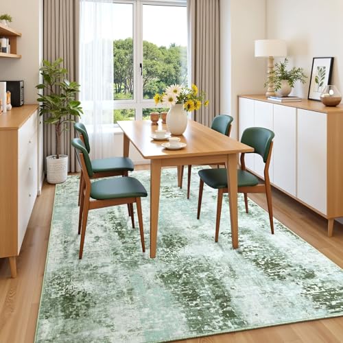 Macgace Washable Abstract Rug, 5x7 Modern Area Rugs with Non-Slip Rubber Backed for Living Room, Thin but Soft Contemporary Carpet Kitchen Bedroom Dining Room Decor, Green - Image 3
