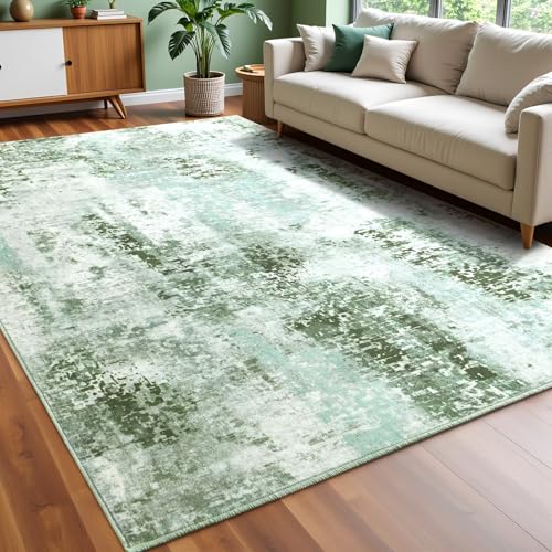 Macgace Washable Abstract Rug, 5x7 Modern Area Rugs with Non-Slip Rubber Backed for Living Room, Thin but Soft Contemporary Carpet Kitchen Bedroom Dining Room Decor, Green - Image 1