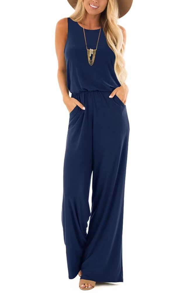 Lacozy Jumpsuits for Women Casual Summer Rompers Sleeveless Loose Crew Neck Tank Overalls Jumpers with Pockets 2025 Navy Blue L - Image 5