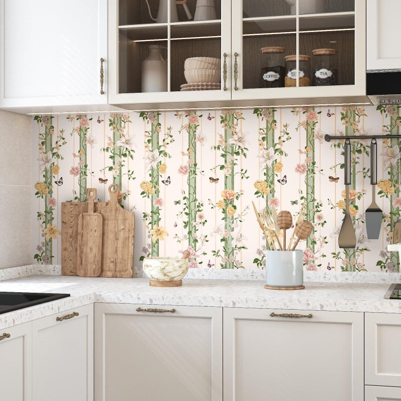 BOKEBEVE Boho Wallpaper Peel and Stick Floral Contact Paper Butterfly Wall Paper for Tabletop Bathroom Shelf Liner Removable Renter Friendly Beige Pink 17.5 x 118In - Image 2