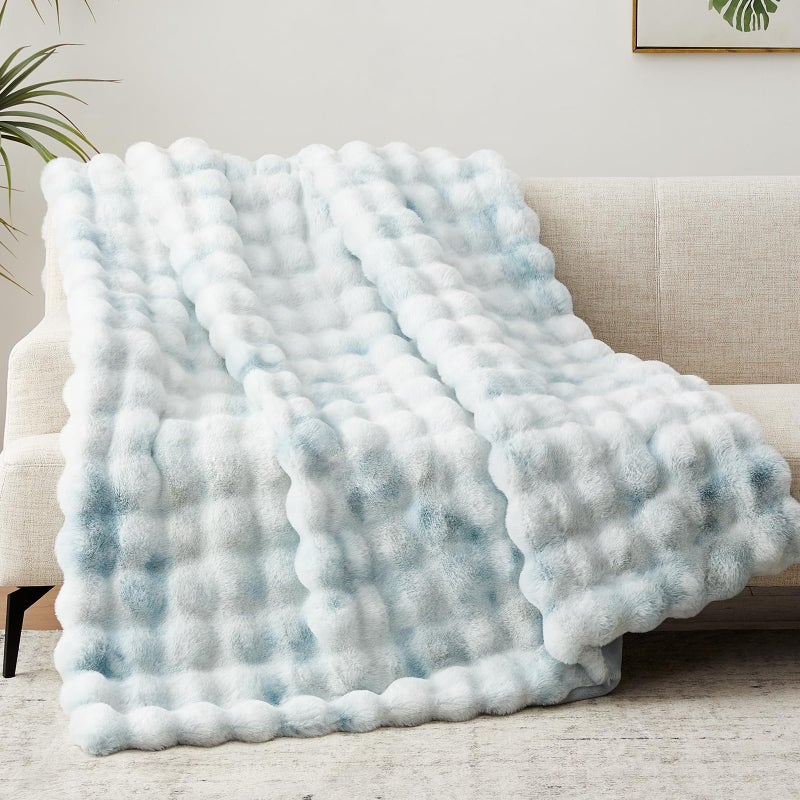 Anysay Faux Fur Throw Blanket, 1000GSM Fluffy Soft Bubble Blanket for Couch Bed, Cozy Plush Warm and Thick Blanket, Fuzzy Rabbit Throw for Living Room Bedroom 50''*60'' Tie-dye Blue - Image 4