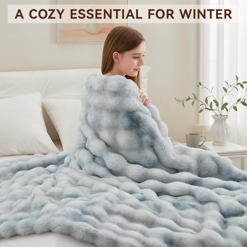 Anysay Faux Fur Throw Blanket, 1000GSM Fluffy Soft Bubble Blanket for Couch Bed, Cozy Plush Warm and Thick Blanket, Fuzzy Rabbit Throw for Living Room Bedroom 50''*60'' Tie-dye Blue - Image 5