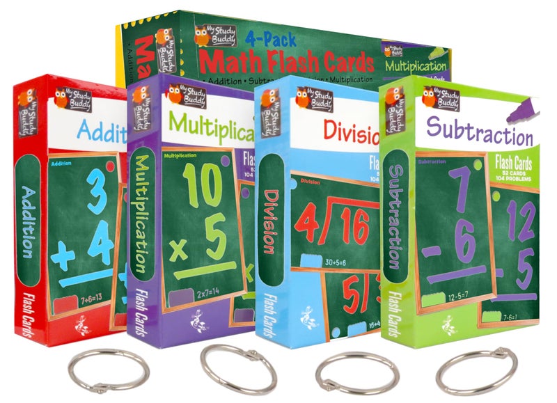 Regal Games Math Flash Cards for Multiplication, Division, Addition and Subtraction - 1st Grade, 2nd Grade, 3rd Grade Math & More - Flash Cards Math w/ 4 Binder Rings for Kids (208 Cards - 4 Packs) - Image 1