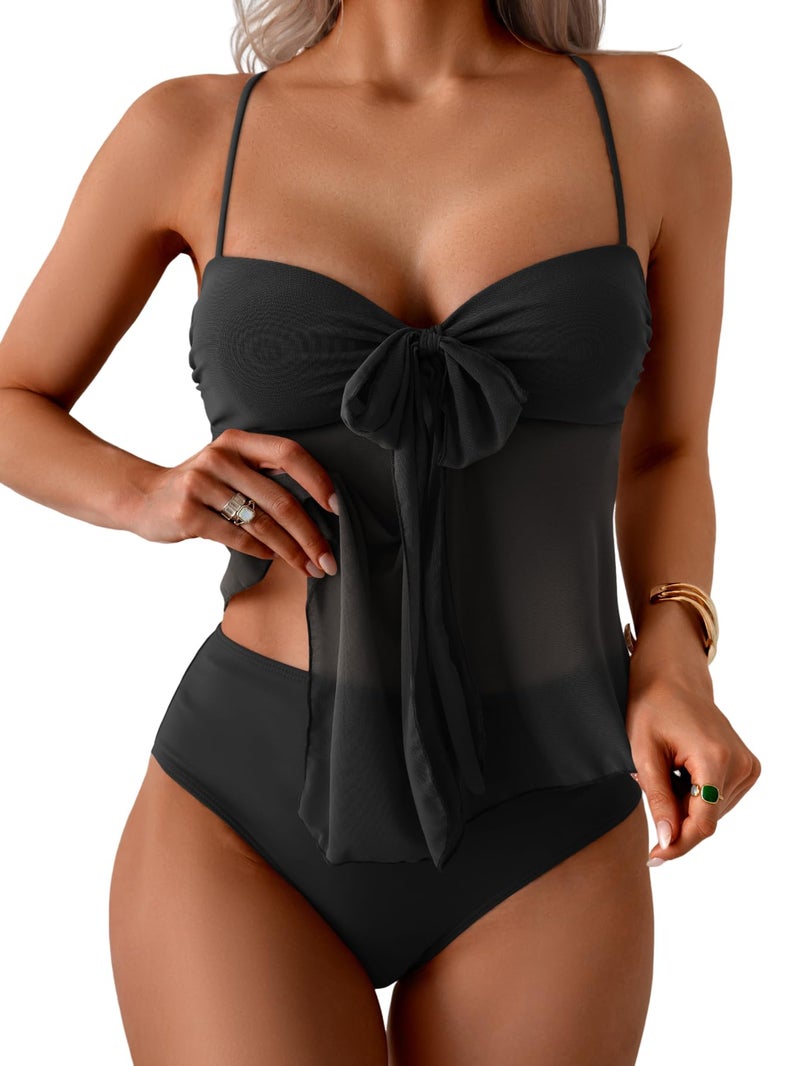 B2prity Tankini Swimsuits for Women, Tummy Control Flowy Mesh Tops, High Waisted Bottoms, Coquette 2 Piece Bathing Suits Black - Image 1