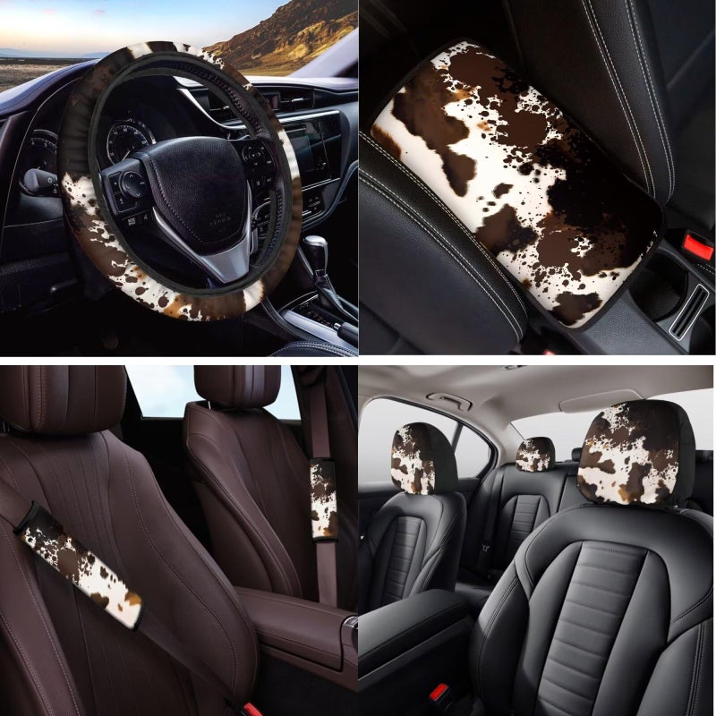 DBBXHZJY 14 Pcs Cow Print Car Seat Covers Brown with Steering Wheel Cover,Armrest Cushion,Seat Belt Covers Cup Holder with Keychain,Brown Cow Auto Interior Protector Set Unverisal Fit Cars SUV Turcks - Image 4