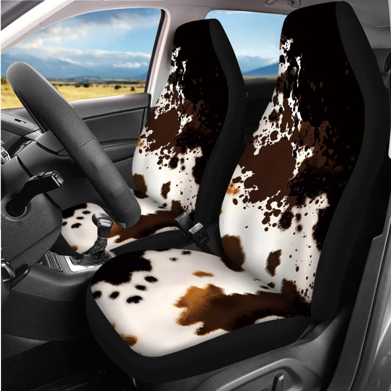 DBBXHZJY 14 Pcs Cow Print Car Seat Covers Brown with Steering Wheel Cover,Armrest Cushion,Seat Belt Covers Cup Holder with Keychain,Brown Cow Auto Interior Protector Set Unverisal Fit Cars SUV Turcks - Image 2