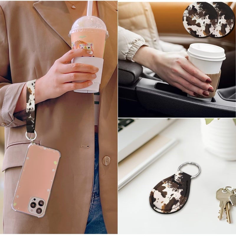 DBBXHZJY 14 Pcs Cow Print Car Seat Covers Brown with Steering Wheel Cover,Armrest Cushion,Seat Belt Covers Cup Holder with Keychain,Brown Cow Auto Interior Protector Set Unverisal Fit Cars SUV Turcks - Image 5