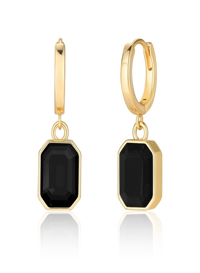 Lourny Birthstone Crystal Dangle Drop Earrings, 18K Gold Plated Huggie Hoop Hypoallergenic Earring Jewelry Gifts for Women (Black), One Size, Brass, No Gemstone - Image 1