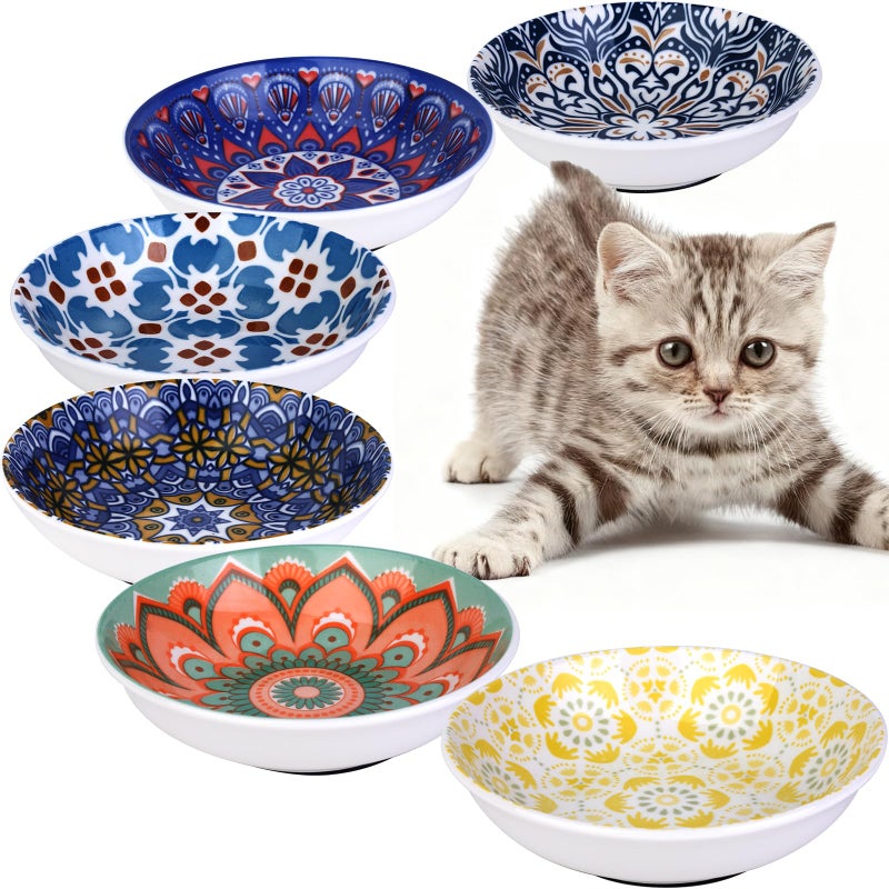 HAPPY KIT Ceramic Cat Food Bowls,6 Pack Colorful Cat Bowls Set,Anti-Slip Cats Dishes,Whisker Friendly Wide Pet Bowls for Indoor,5.75 inch Cute Kitten Plates for Wet and Dry Food Water - Image 1
