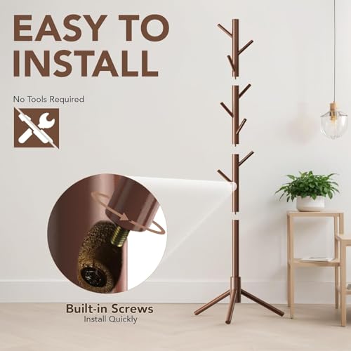 Ash  Roh Ash & Roh Natural Wooden Coat Rack Stand With Hooks Adjustable Height, Easy Assembly, Sturdy Solid Base for Coats, Hats, Handbags Entryway, Hallway, Bedroom, Office (Walnut, 92-3) - Image 3