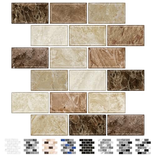 URCOLOR 10-Sheet Peel and Stick Backsplash Subway Tile for Kitchen,12"x12" Self Adhesive Wall Tiles Sticker on Back Splashes for Bathroom Brown Marble Design - Image 1