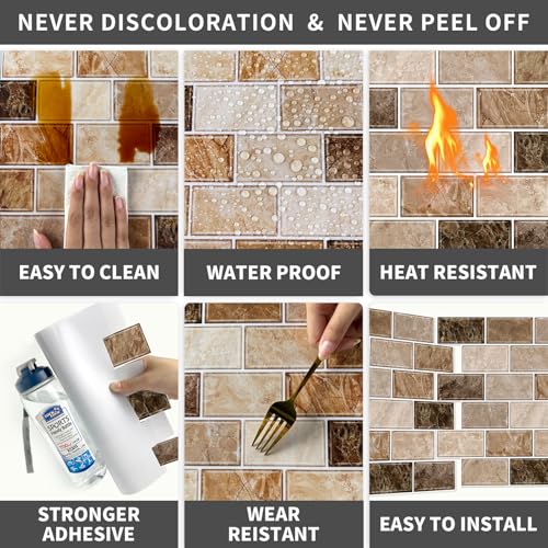 URCOLOR 10-Sheet Peel and Stick Backsplash Subway Tile for Kitchen,12"x12" Self Adhesive Wall Tiles Sticker on Back Splashes for Bathroom Brown Marble Design - Image 4