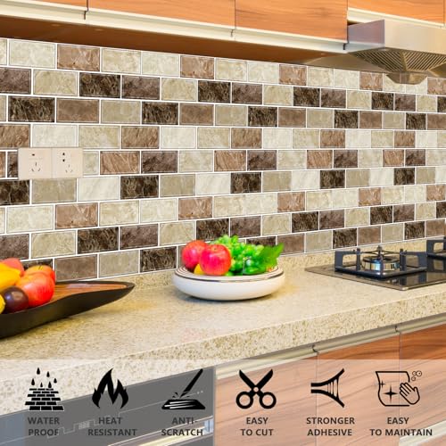 URCOLOR 10-Sheet Peel and Stick Backsplash Subway Tile for Kitchen,12"x12" Self Adhesive Wall Tiles Sticker on Back Splashes for Bathroom Brown Marble Design - Image 3