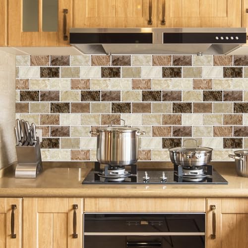 URCOLOR 10-Sheet Peel and Stick Backsplash Subway Tile for Kitchen,12"x12" Self Adhesive Wall Tiles Sticker on Back Splashes for Bathroom Brown Marble Design - Image 2