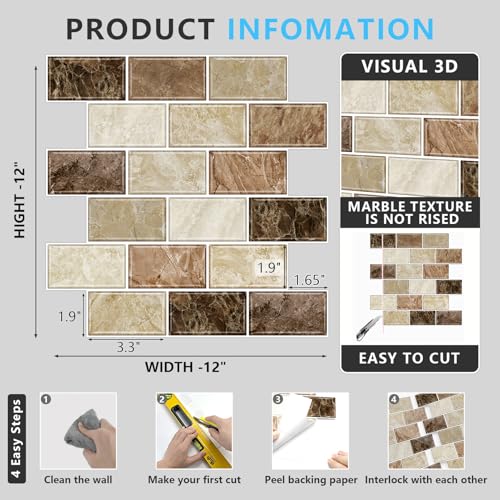 URCOLOR 10-Sheet Peel and Stick Backsplash Subway Tile for Kitchen,12"x12" Self Adhesive Wall Tiles Sticker on Back Splashes for Bathroom Brown Marble Design - Image 5