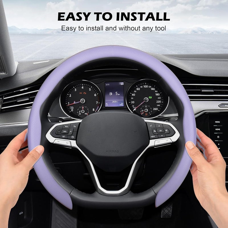 frani Leather Steering Wheel Cover, Universal 15 Inch Premium Non-Slip Steering Wheel Cover Light Purple - Image 4