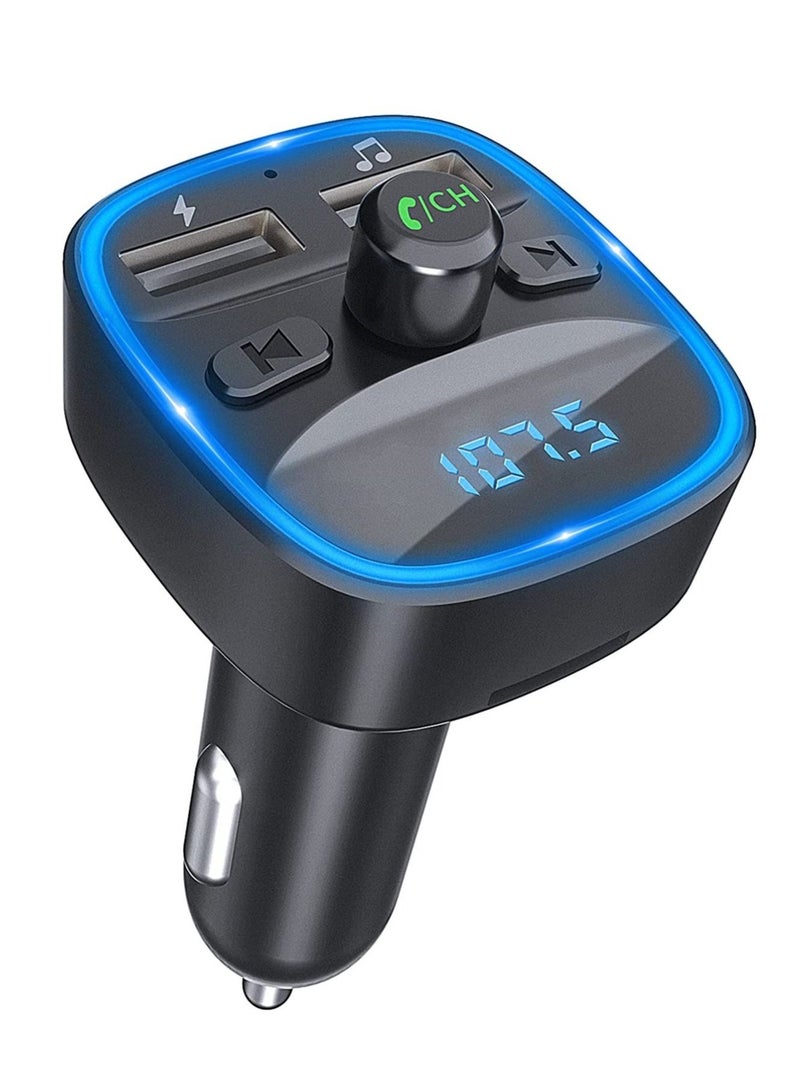 Captaintech Bluetooth FM Transmitter for Car, FM Transmitter Wireless Radio Adapter Car Kit with Dual USB Car Charger, Hands-Free Calling, Blue Light, Support TF Card, USB Disk Black - Image 1