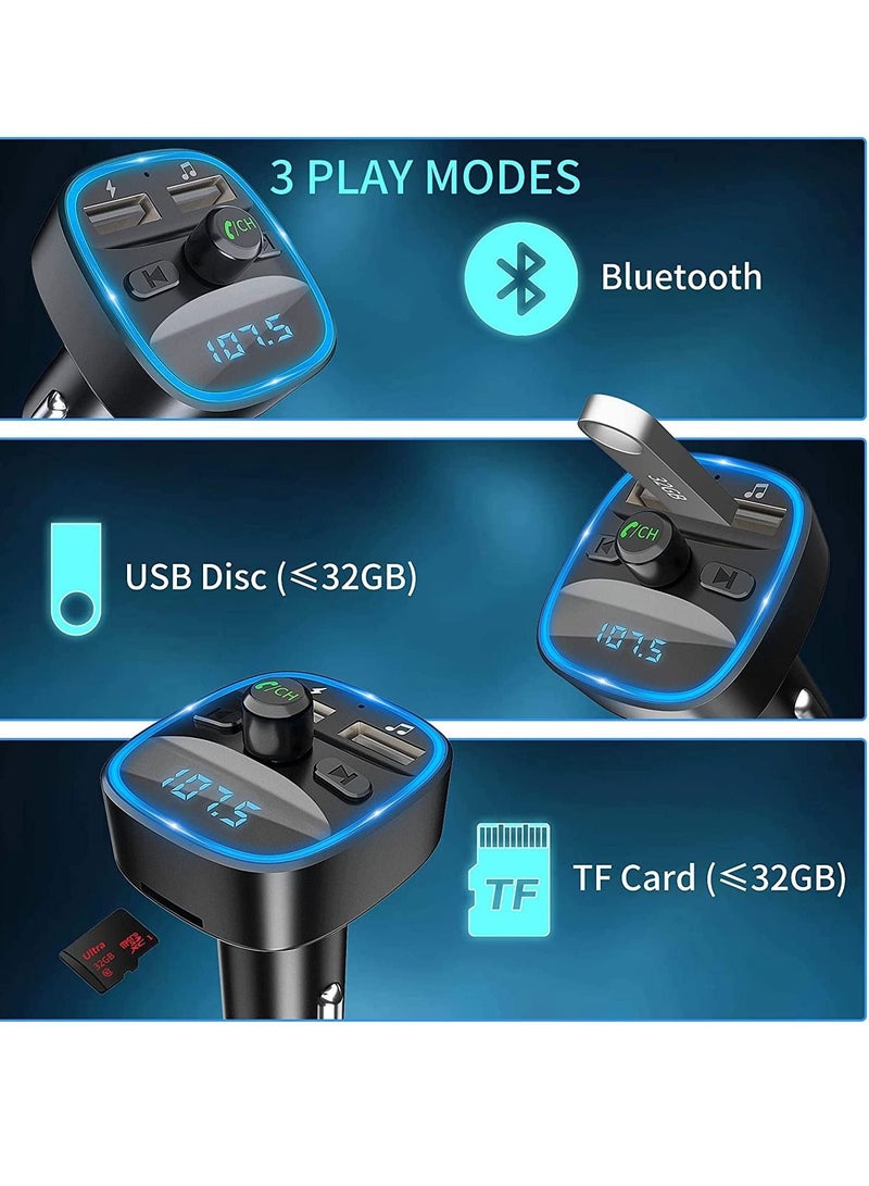 Captaintech Bluetooth FM Transmitter for Car, FM Transmitter Wireless Radio Adapter Car Kit with Dual USB Car Charger, Hands-Free Calling, Blue Light, Support TF Card, USB Disk Black - Image 2