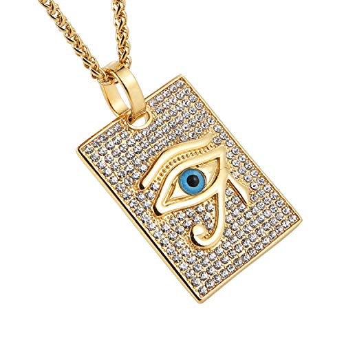 HZMAN 18k Gold Plated Iced Out Eye of Horus Egypt Protection Dog Tag Pendant Stainless Steel Necklace - Image 2