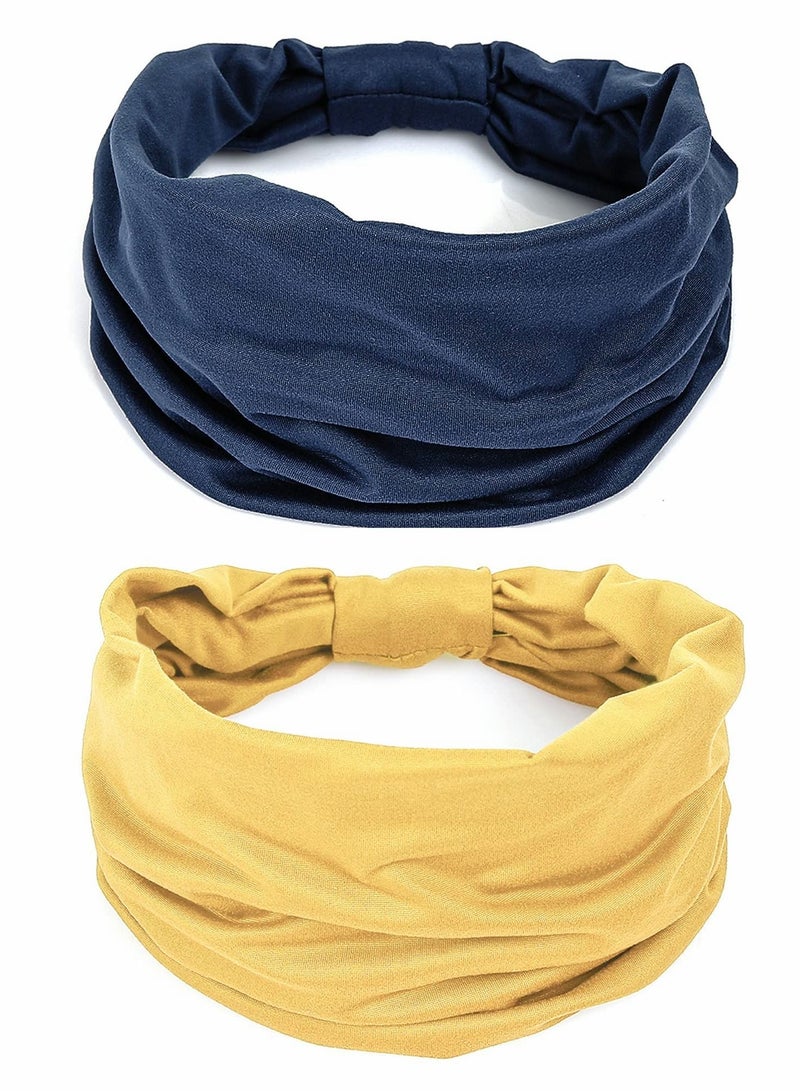 Y&D 2 Pack Wide Headbands for Women, Boho Knotted Sweat on-Slip Fashion Hair Bands, Head Wraps Elastic Soft Cotton Cloth Turbans Bandana Yoga, Running, Sport  - Image 1